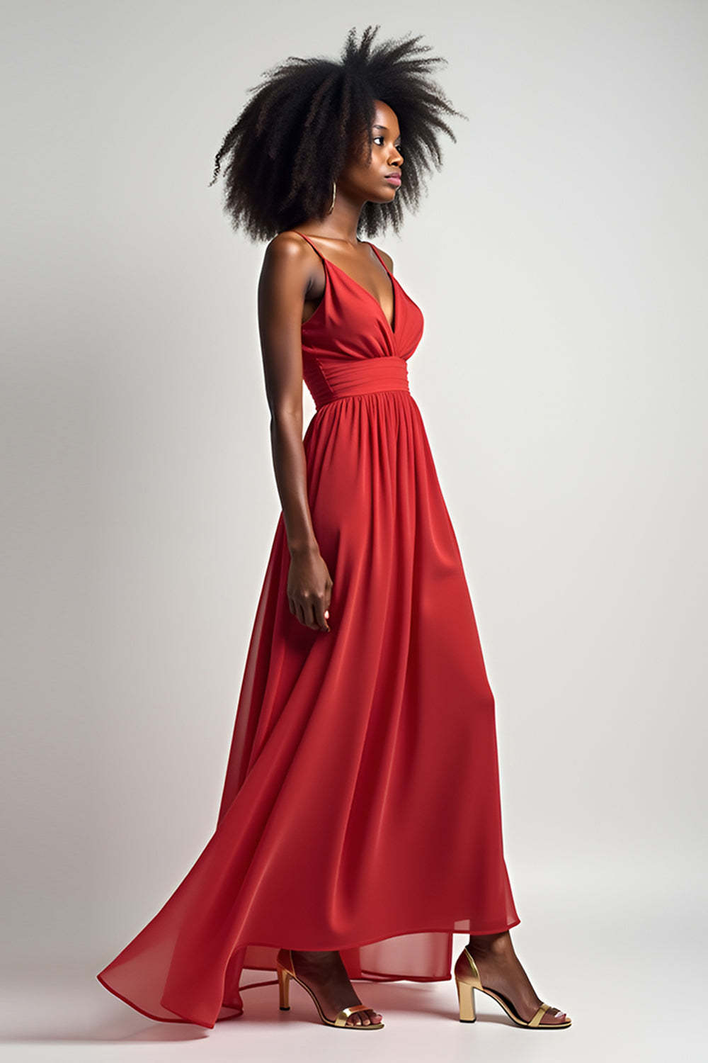 Red V Neck A Line Long Chiffon Bridesmaid Dress