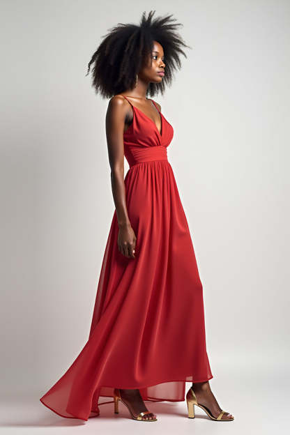 Red V Neck A Line Long Chiffon Bridesmaid Dress