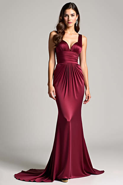 Leely Women Elegant Burgundy Sheath Formal Dress Ruched V-Neck Satin Sweep Train Prom Dress