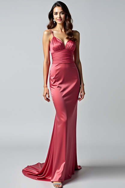 Leely Women Sheath Watermelon Satin Sheath Formal Dress V-Neck Backless Spaghetti Straps Ruched Long Prom Dress