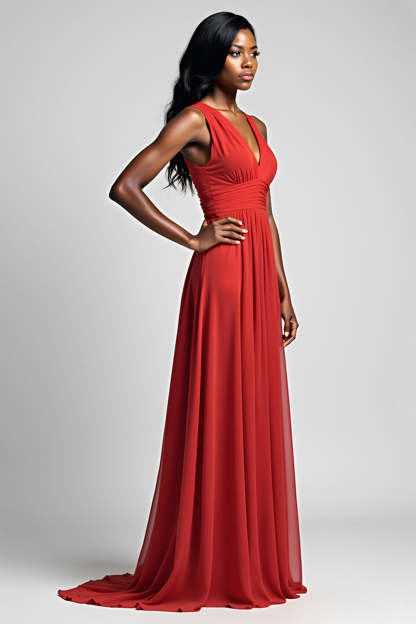 Leely Women A Line Chiffon Red V-Neck Backless Formal Dress Long Ruched Wedding Guest Dress