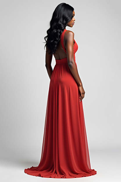 A Line Ruched Red V-Neck Backless Floor Length Formal Dress