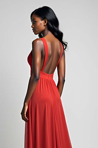 A Line Ruched Red V-Neck Backless Floor Length Formal Dress