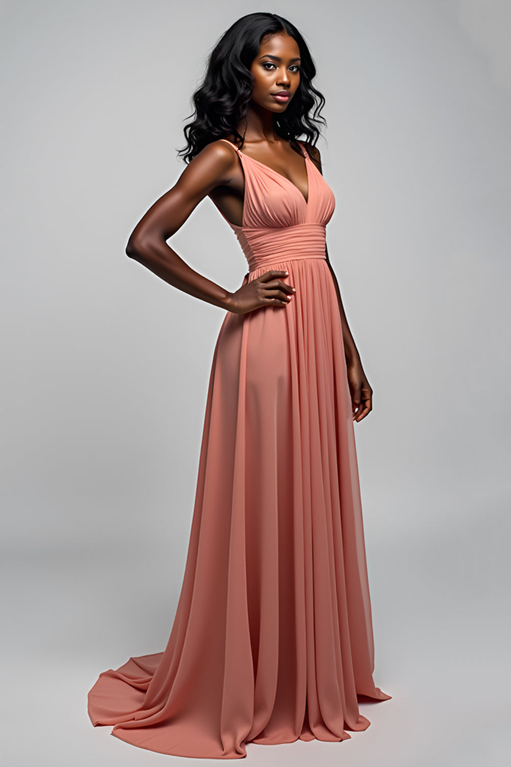 Leely Women Watermelon A Line V-Neck Chiffon Bridesmaid Dress Ruched Spaghetti Straps Floor Length Formal Dress