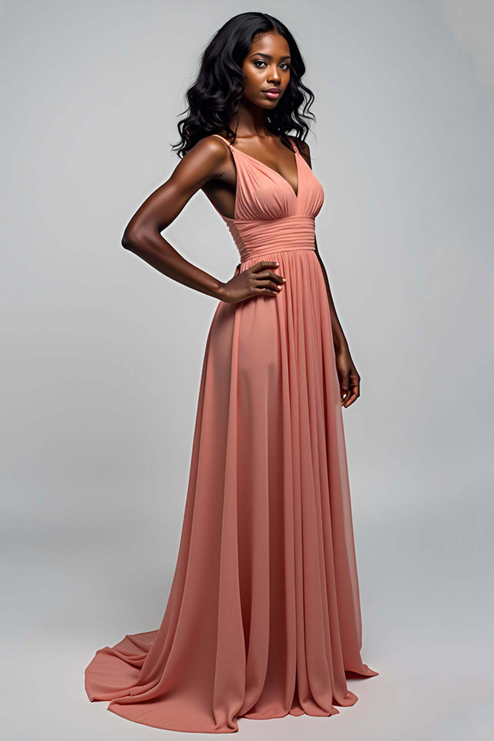Leely Women Watermelon A Line V-Neck Chiffon Bridesmaid Dress Ruched Spaghetti Straps Floor Length Formal Dress