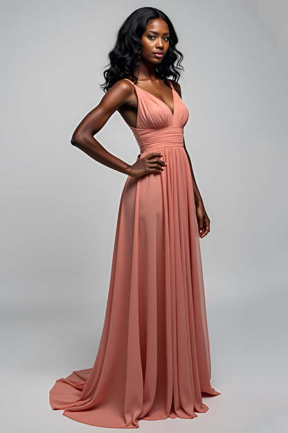 Leely Women Watermelon A Line V-Neck Chiffon Bridesmaid Dress Ruched Spaghetti Straps Floor Length Formal Dress
