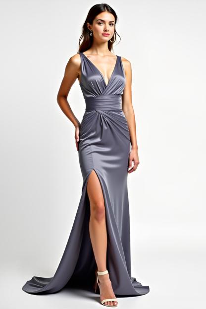 Leely Women V-Neck Satin Sheath Steel Grey Formal Dress with Slit Ruched Backless Long Prom Dress