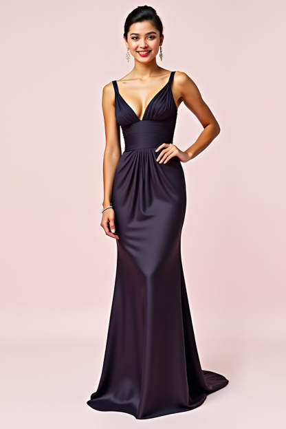 Leely Women Eleagnt Navy Sheath Satin V-Neck Formal Dress Backless Ruched Floor Length Black Tie Dress