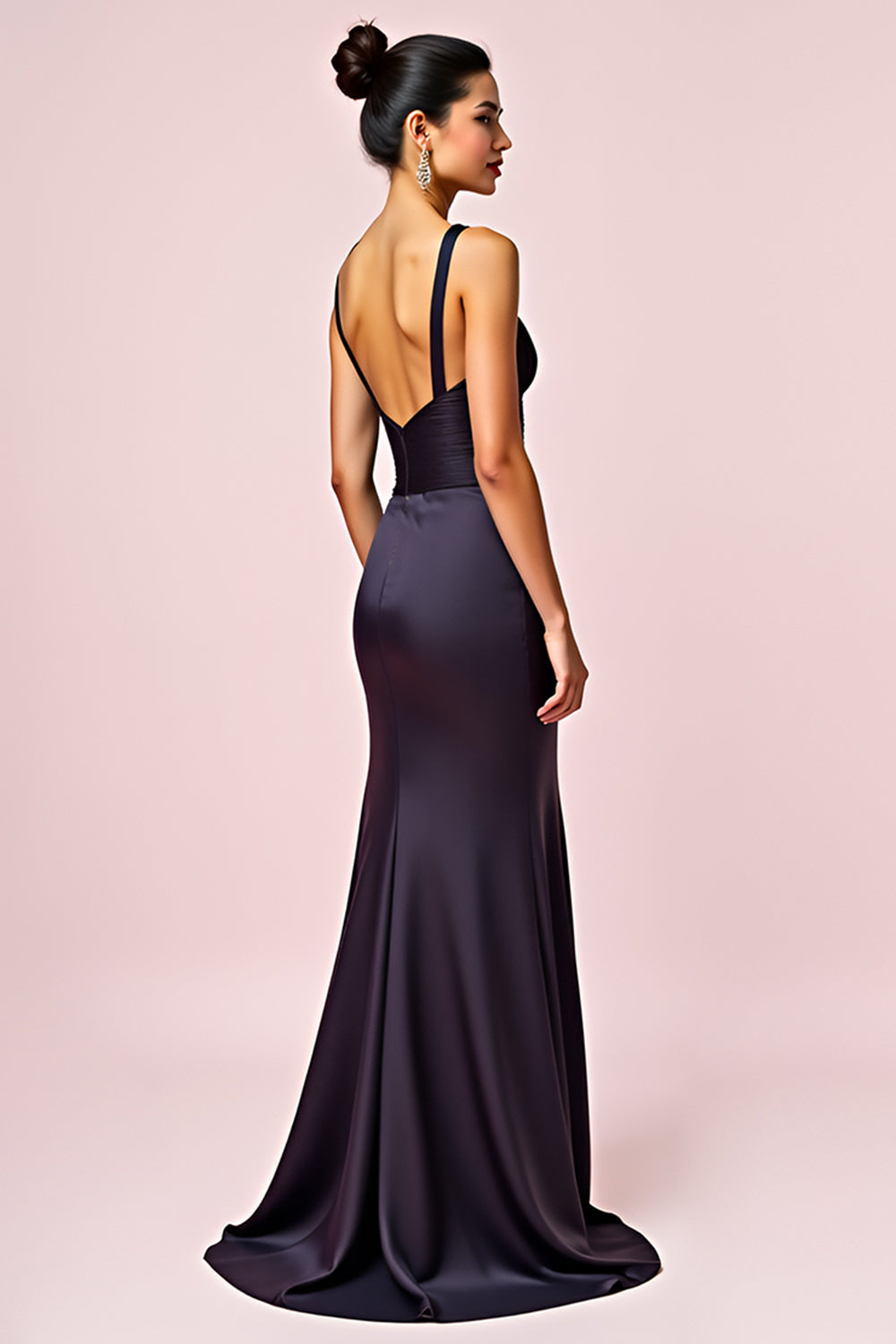 Elegant Navy Sheath V-Neck Backless Floor Length Black Tie Dress