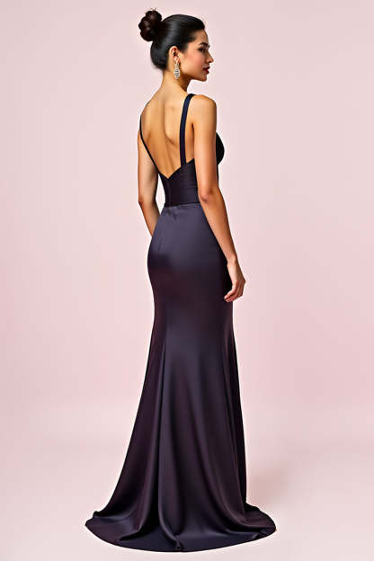 Elegant Navy Sheath V-Neck Backless Floor Length Black Tie Dress