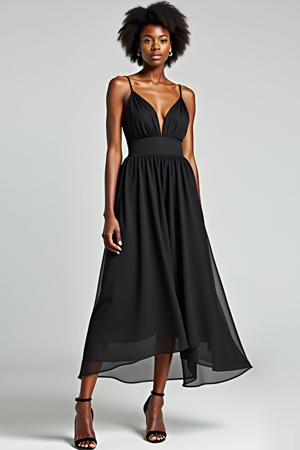 Leely Women Black A Line Chiffon Bridesmaid Dress V-Neck Spaghetti Straps Tea Length Formal Dress