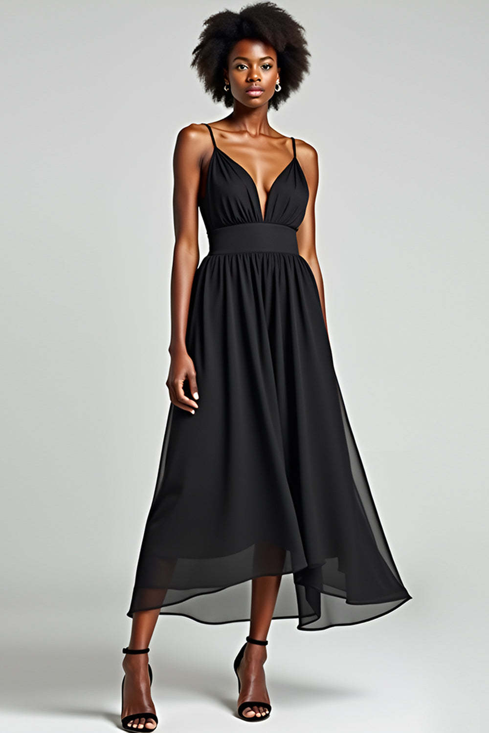 Leely Women Black A Line Chiffon Bridesmaid Dress V-Neck Spaghetti Straps Tea Length Formal Dress