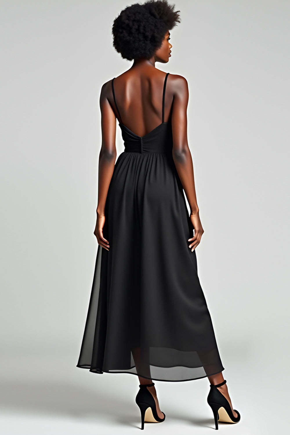 Black A Line Spaghetti Straps Tea Length Chiffon Bridesmaid Dress