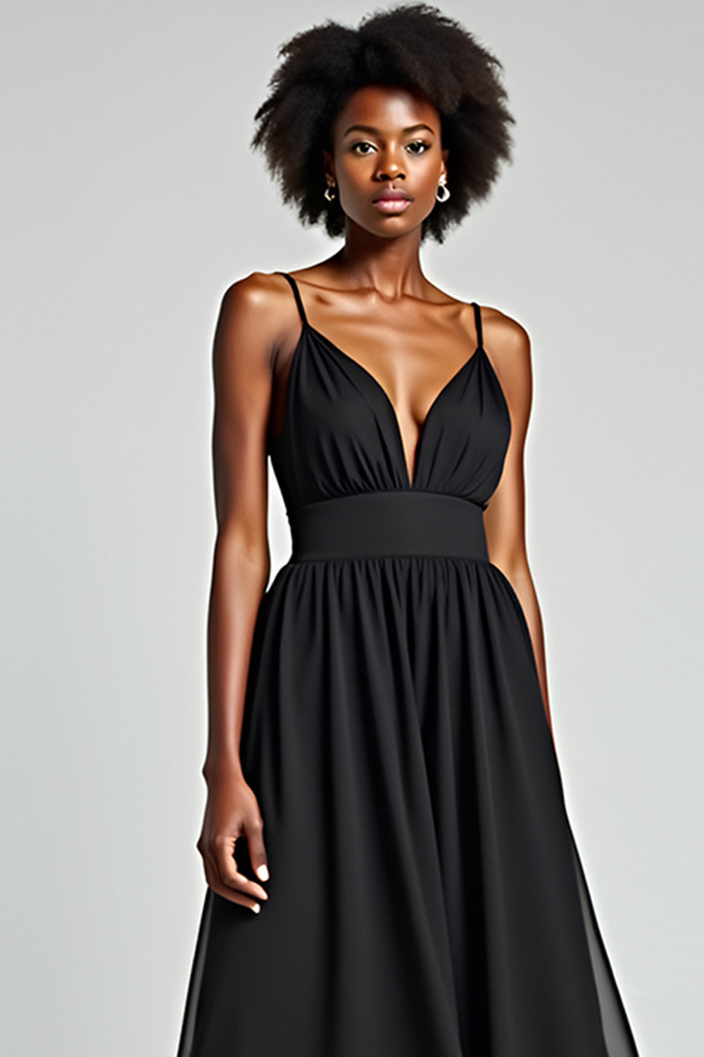 Black A Line Spaghetti Straps Tea Length Chiffon Bridesmaid Dress