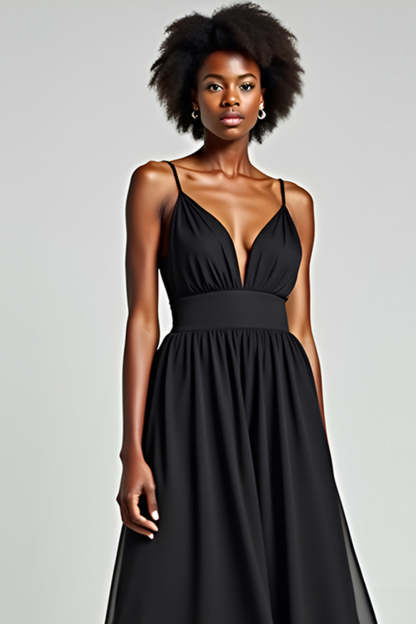 Black A Line Spaghetti Straps Tea Length Chiffon Bridesmaid Dress