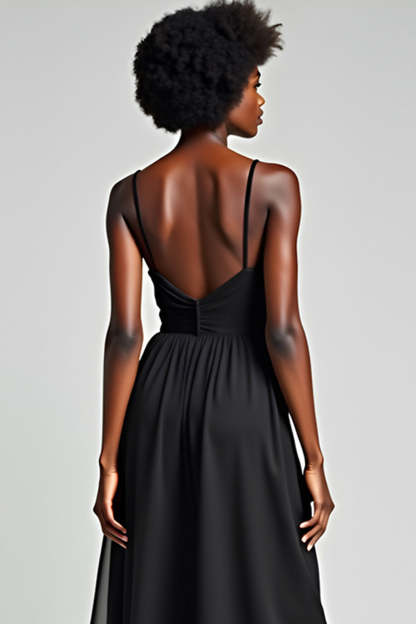 Black A Line Spaghetti Straps Tea Length Chiffon Bridesmaid Dress