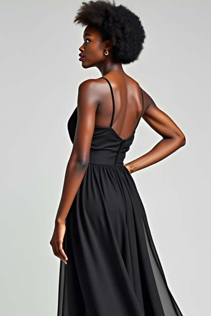Black A Line Spaghetti Straps Tea Length Chiffon Bridesmaid Dress