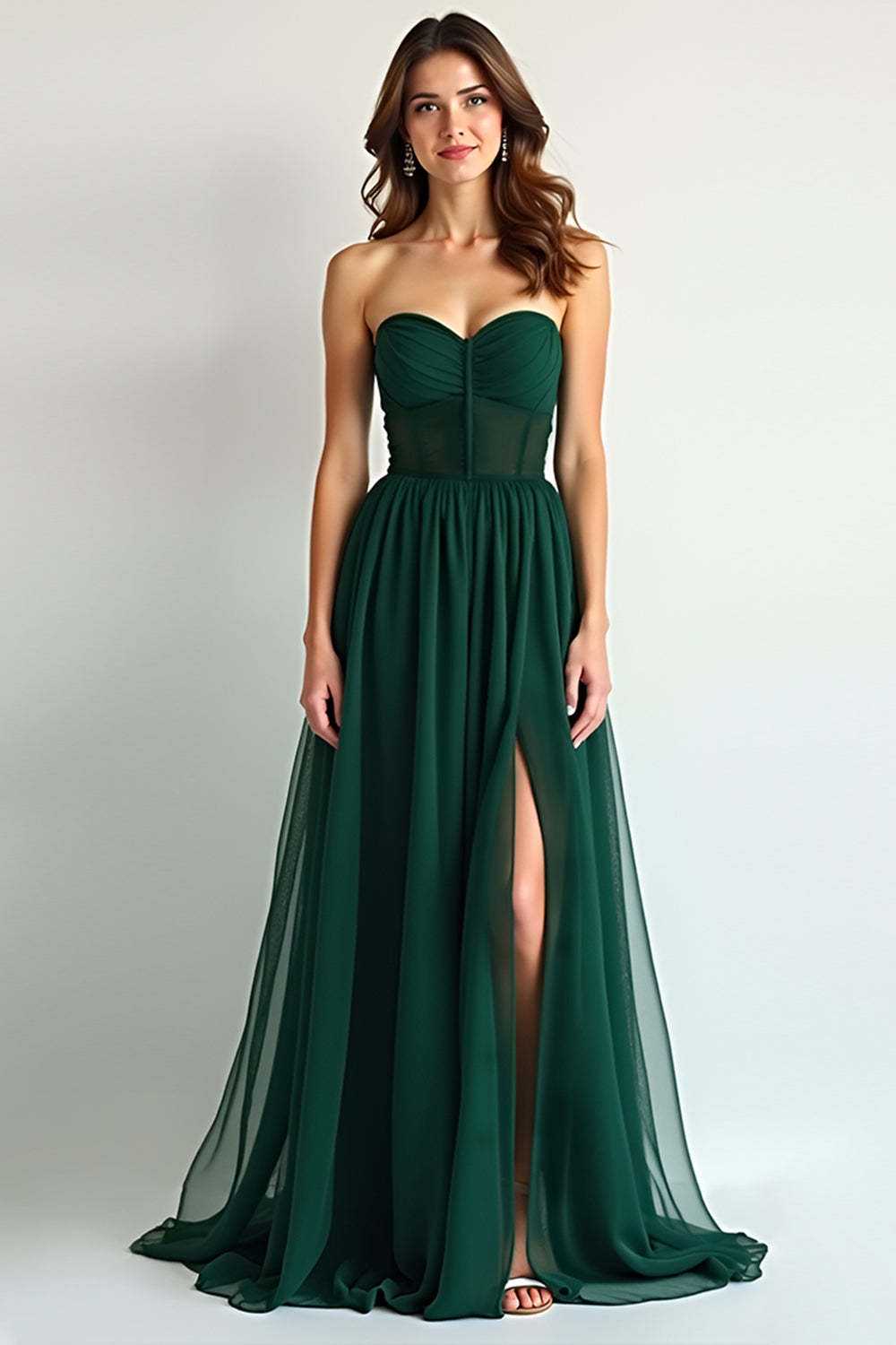 Leely Women Dark Green A Line Chiffon Bridesmaid Dress with Slit Strapless Sweetheart Floor Length Formal Dress