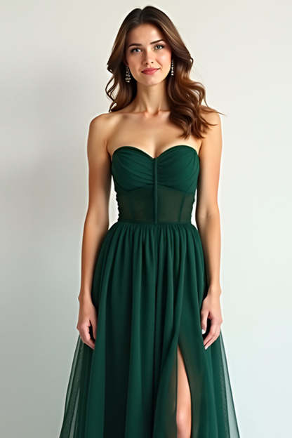 Dark Green Sweetheart A Line Chiffon Floor Length Bridesmaid Dress with Slit