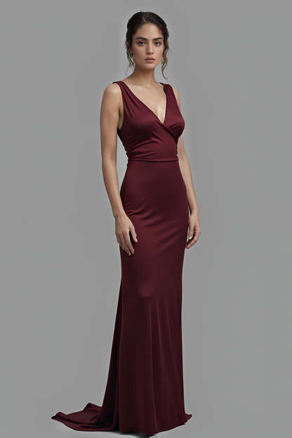 Leely Women Cabernet Sheath Satin Formal Dress Sleeveless V-Neck Floor Length Black Tie Dress