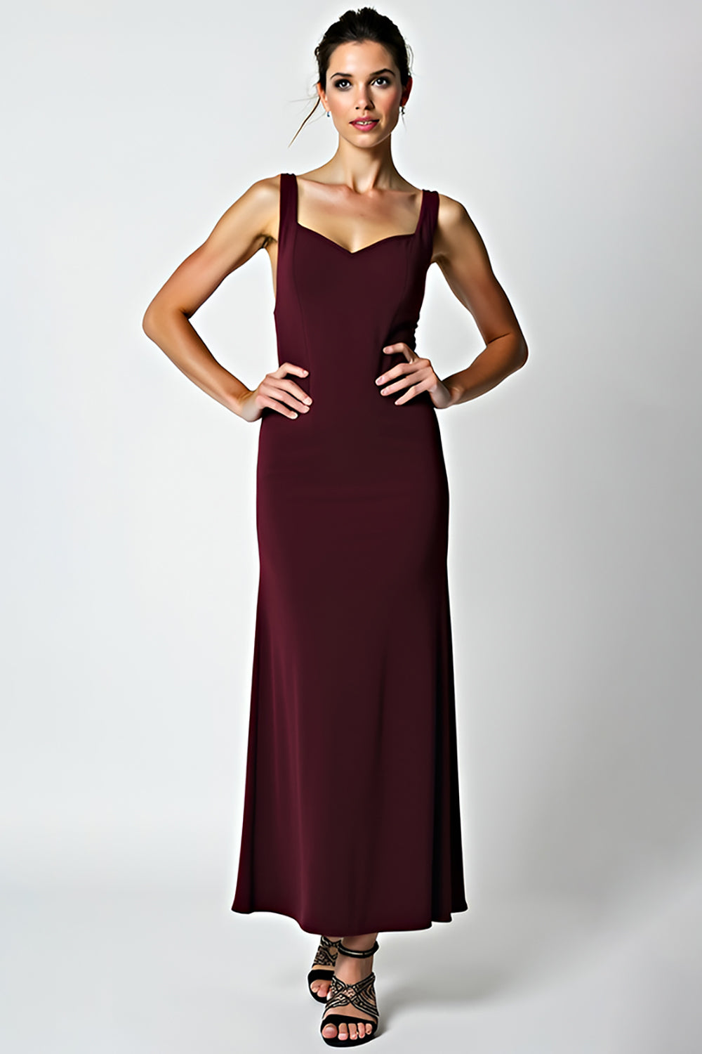 Leely Women Cabernet Sheath Satin Bridesmaid Dress Tea Length Backless Formal Dress