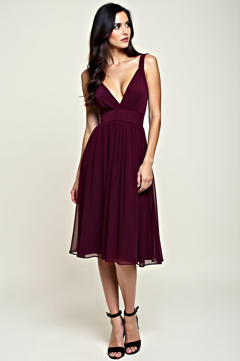 Leely Women Cabernet A Line Chiffon Petite Bridesmaid Dress V-Neck Knee Length Backless Formal Dress