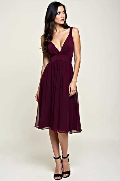 Leely Women Cabernet A Line Chiffon Petite Bridesmaid Dress V-Neck Knee Length Backless Formal Dress
