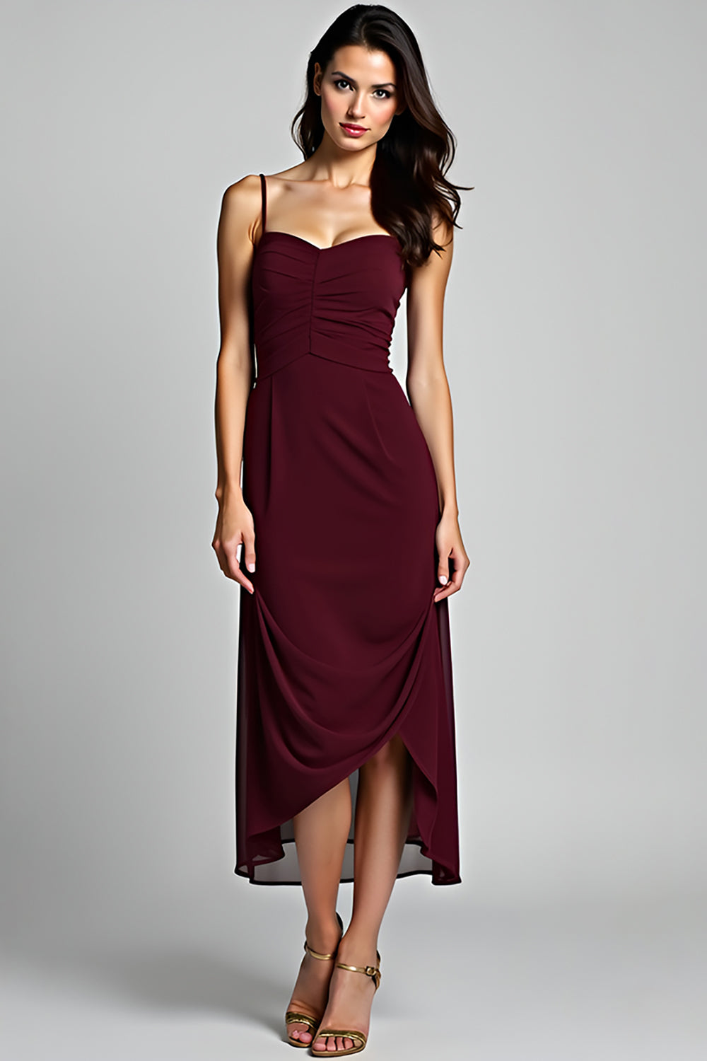 Leely Women Cabernet Sheath Asymmetrical Chiffon Bridesmaid Dress Spaghetti Straps Backless Wedding Guest Dress