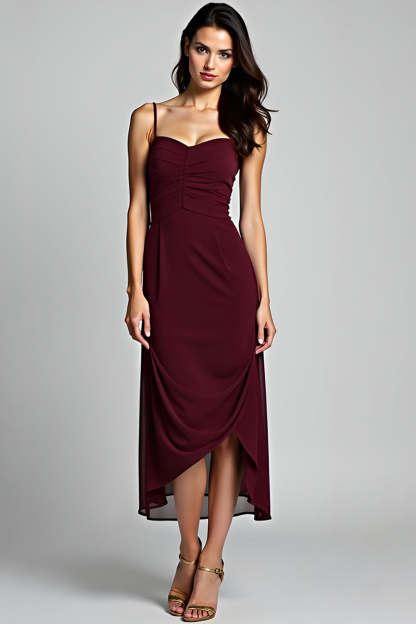 Leely Women Cabernet Sheath Asymmetrical Chiffon Bridesmaid Dress Spaghetti Straps Backless Wedding Guest Dress