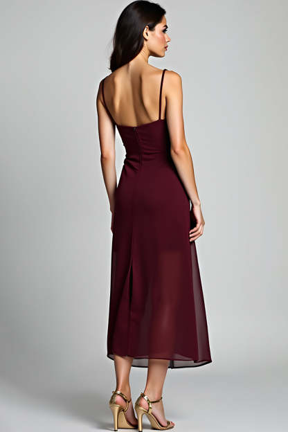 Cabernet Sheath Spaghetti Straps Asymmetrical Chiffon Bridesmaid Dress