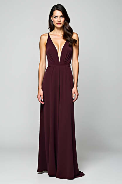 Leely Women Simple Cabernet A Line Formal Dress Deep V-Neck Backless Ruched Long Wedding Guest Dress