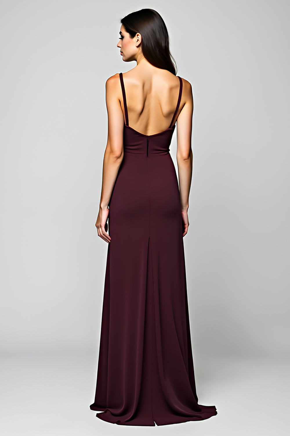 Simple Cabernet A Line Deep V-Neck Long Formal Dress