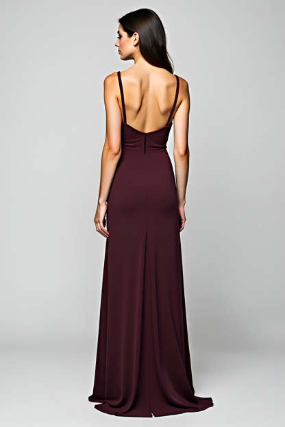 Simple Cabernet A Line Deep V-Neck Long Formal Dress
