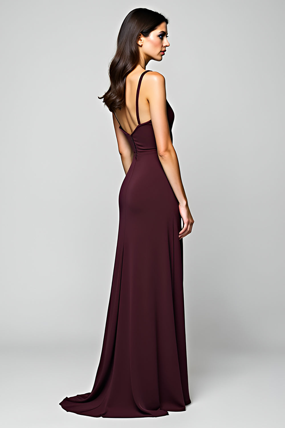 Simple Cabernet A Line Deep V-Neck Long Formal Dress