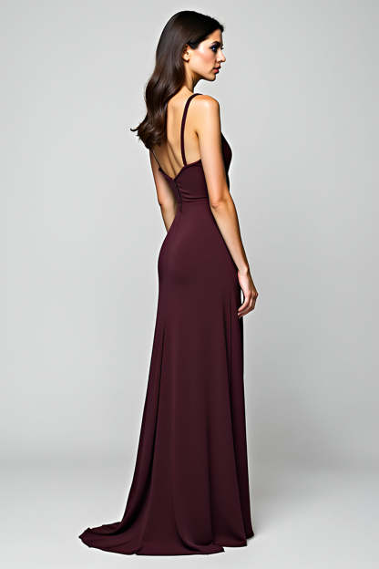 Simple Cabernet A Line Deep V-Neck Long Formal Dress