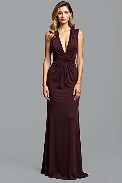 Leely Women Sheath Ruched Cabernet Formal Dress Deep V-Neck Satin Floor Length Wedding Guest Dress