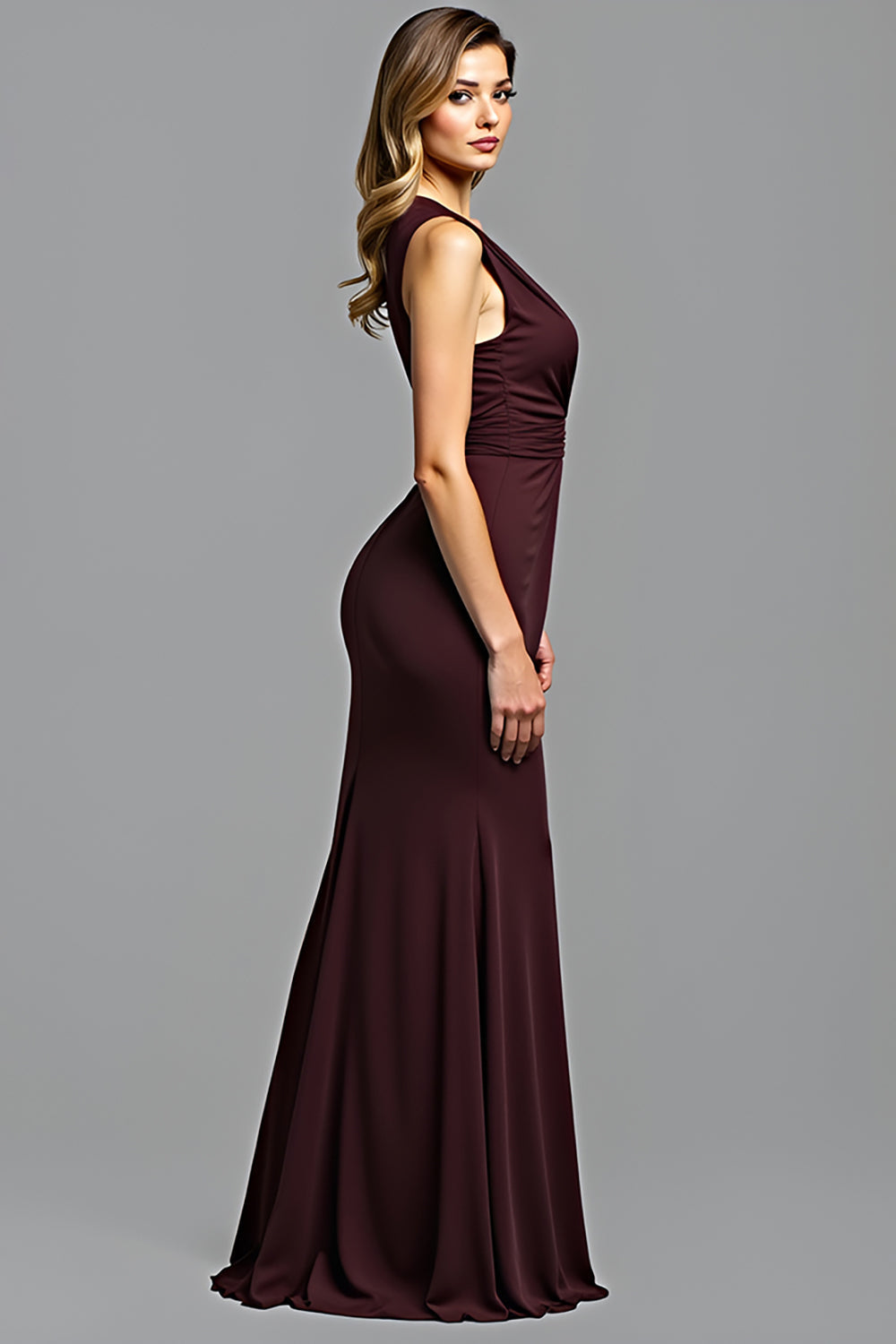 Cabernet Sheath V-Neck Sleeveless Ruched Floor Length Formal Dress