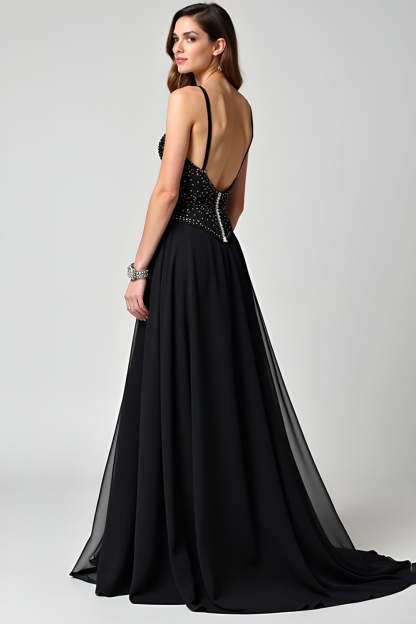 Glitter Black Corset A Line Sweep Train Formal Dress