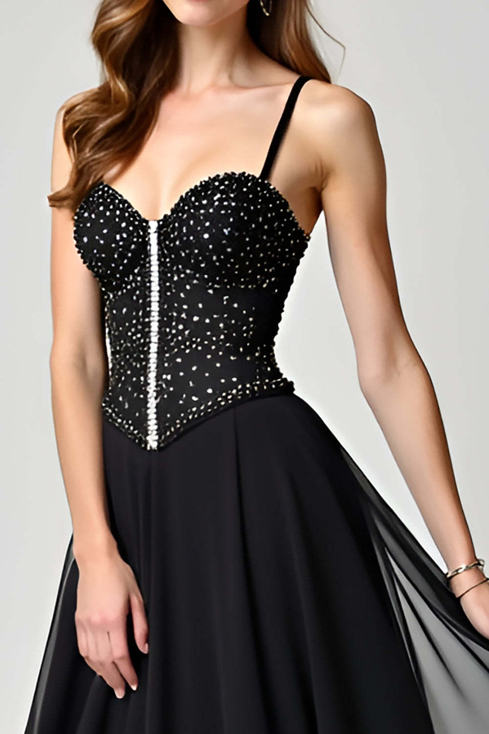 Glitter Black Corset A Line Sweep Train Formal Dress