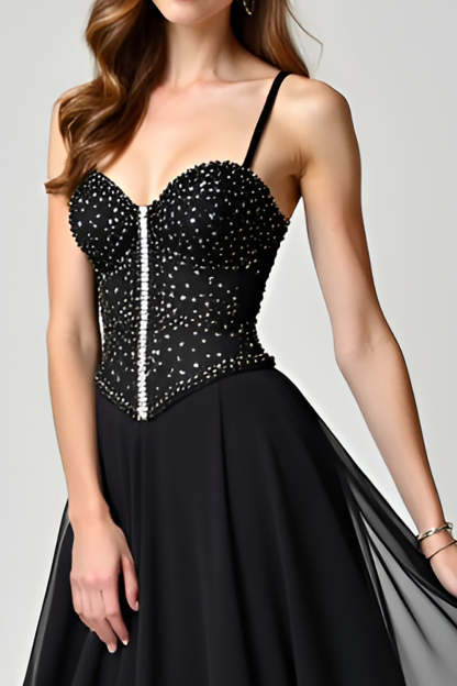 Glitter Black Corset A Line Sweep Train Formal Dress