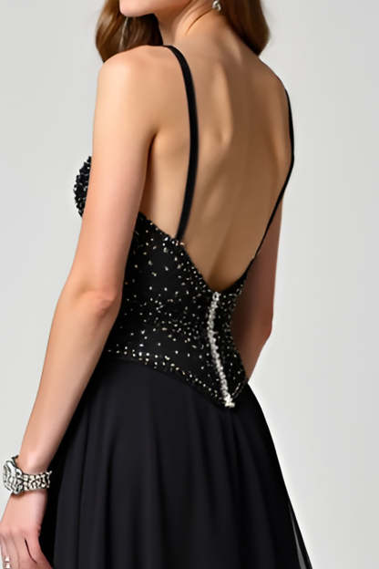 Glitter Black Corset A Line Sweep Train Formal Dress
