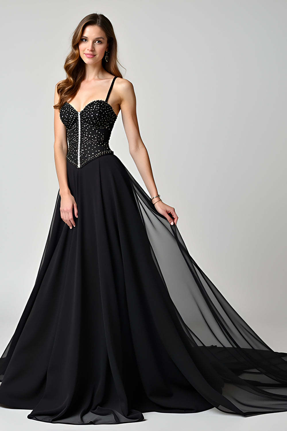 Leely Women Glitter Black Corset A Line Formal Dress Spaghetti Straps Chiffon Sweep Train Gala Dress