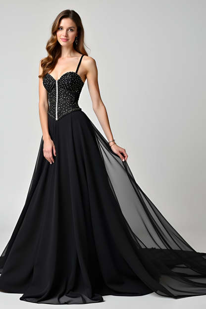 Leely Women Glitter Black Corset A Line Formal Dress Spaghetti Straps Chiffon Sweep Train Gala Dress