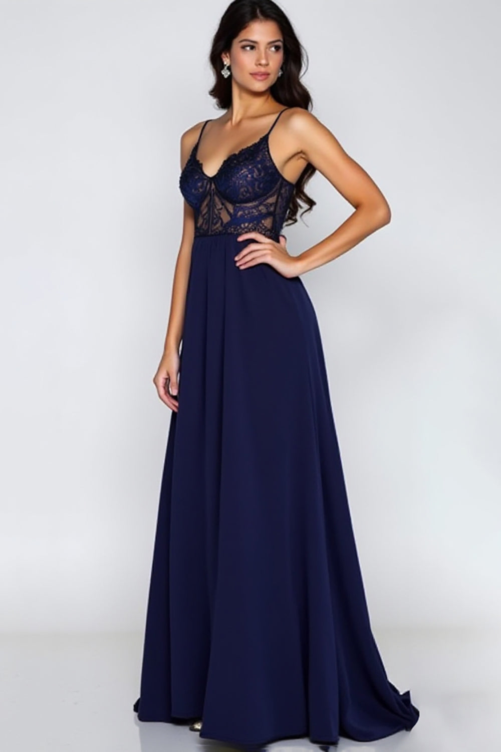 Navy Spaghetti Straps Corset A-Line Formal Dress with Slit