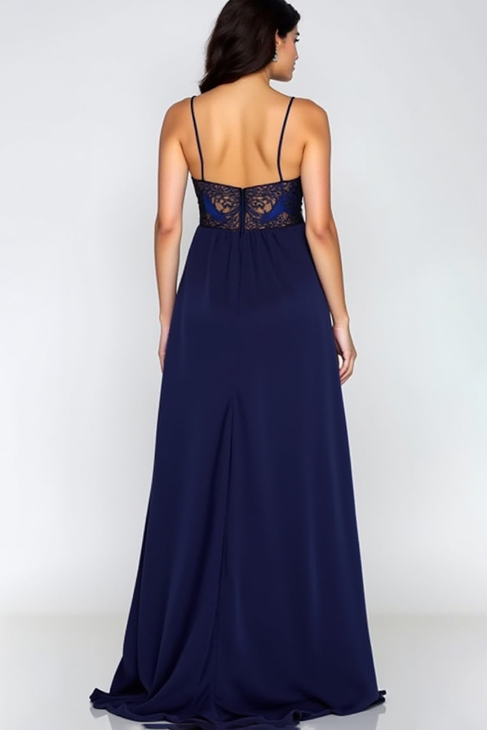 Navy Spaghetti Straps Corset A-Line Formal Dress with Slit