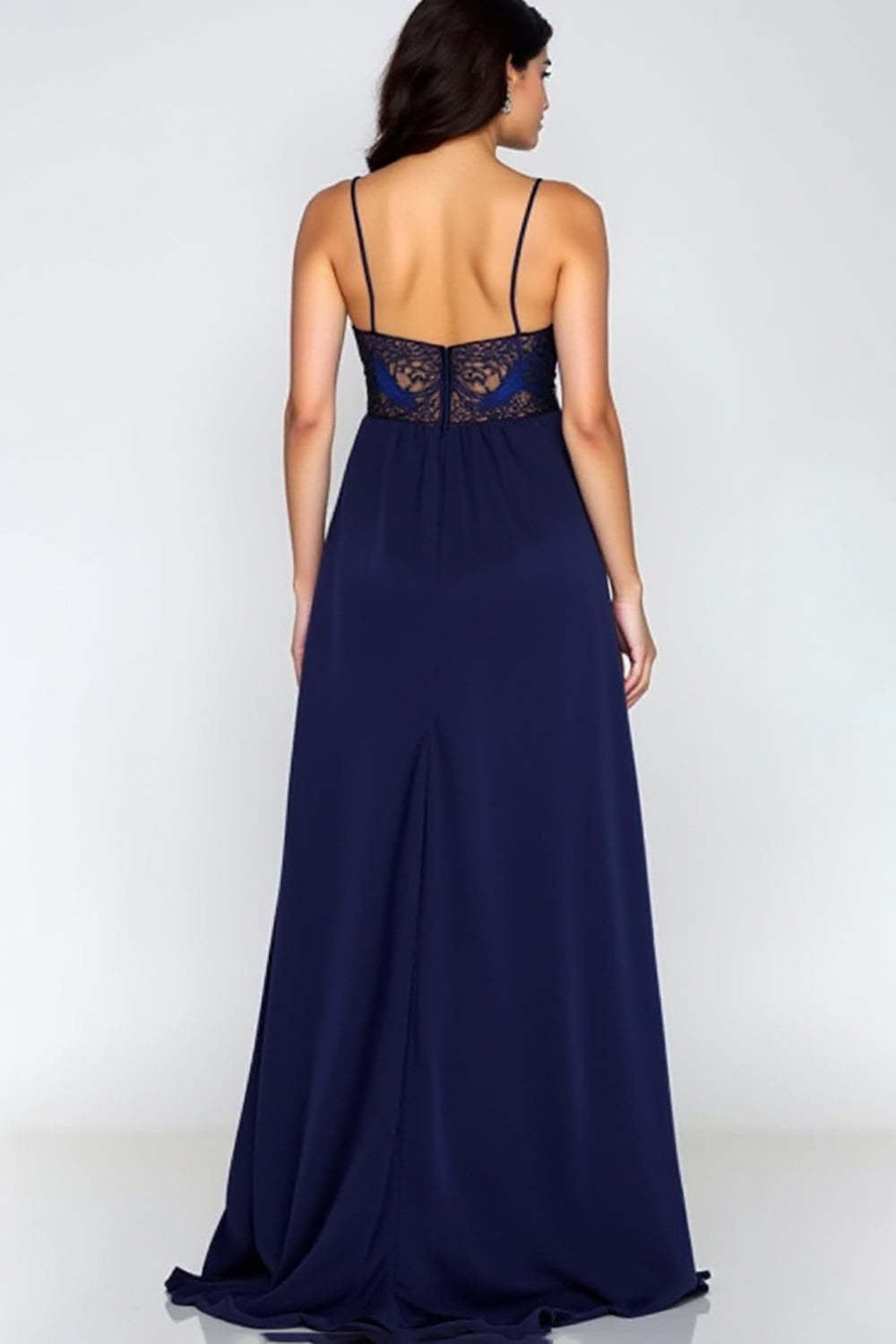 Navy Spaghetti Straps Corset A-Line Formal Dress with Slit