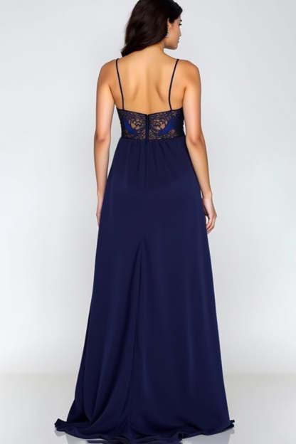 Navy Spaghetti Straps Corset A-Line Formal Dress with Slit