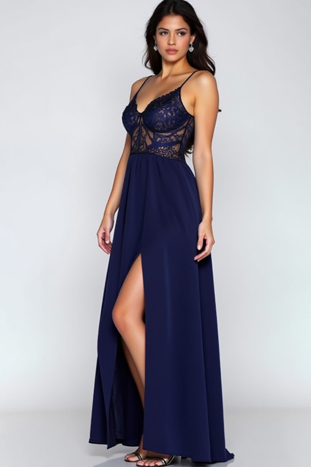 Leely Women Navy Corset A-Line Formal Dress with Slit Spaghetti Straps Maxi Embriodered Gala Dress