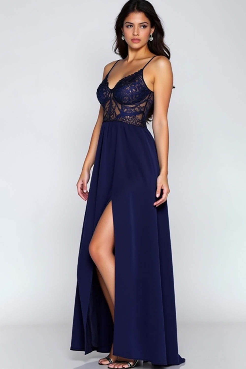 Leely Women Navy Corset A-Line Formal Dress with Slit Spaghetti Straps Maxi Embriodered Gala Dress