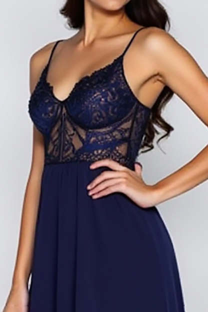 Navy Spaghetti Straps Corset A-Line Formal Dress with Slit